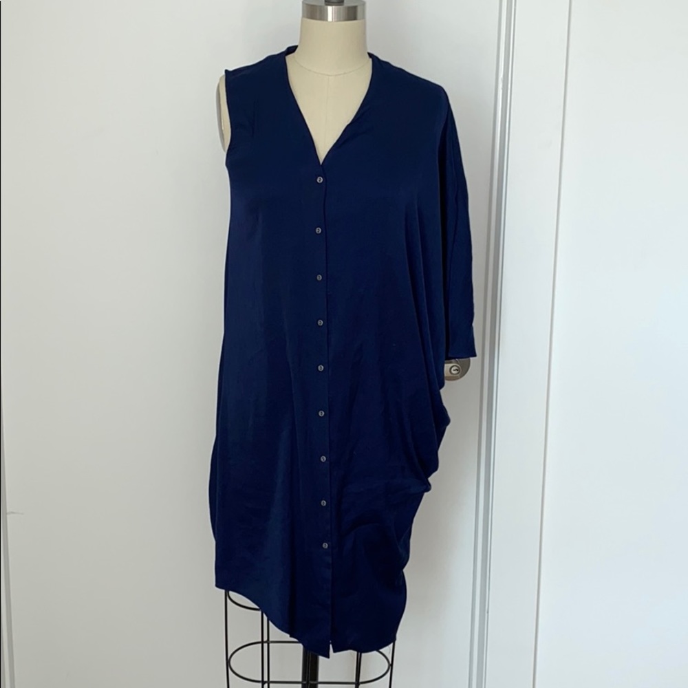Helmut Lang Navy Blue Asymmetrical Drape Dress